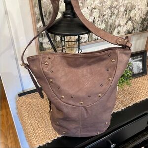 Aleanto Italian Leather Bucketbag Taupe Studs Shoulder Bag Crossbody Adjustable